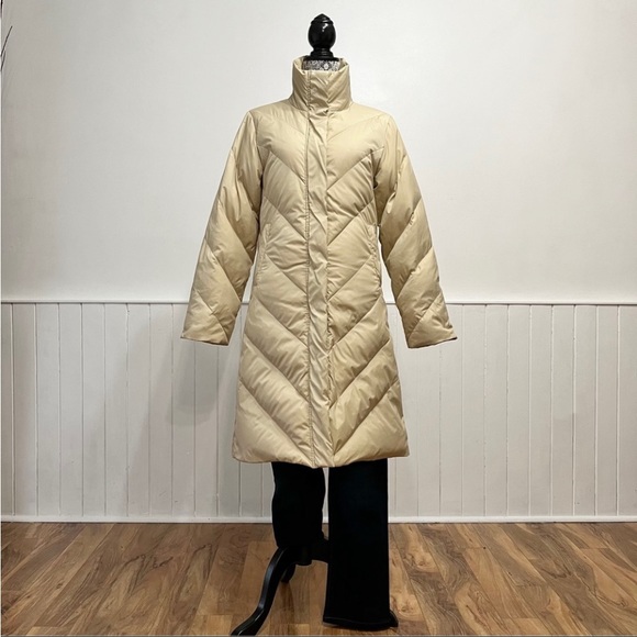 Jacob Cream Chevron Quilted Down Filled Long Puffer Coat Size S - Picture 2 of 14